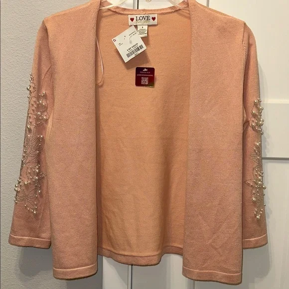 NWT LOVE Pink Peach Pearl-Embellished Open Cardigan size S - Picture 6 of 6
